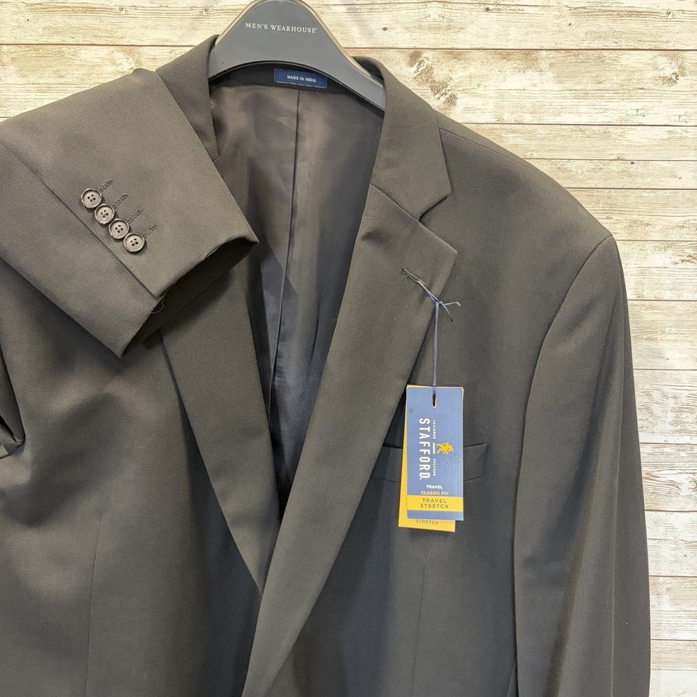 NWT Stafford Mens 52L Blazer Black Classic Fit Travel Stretch Wool Blend 2-Buttn